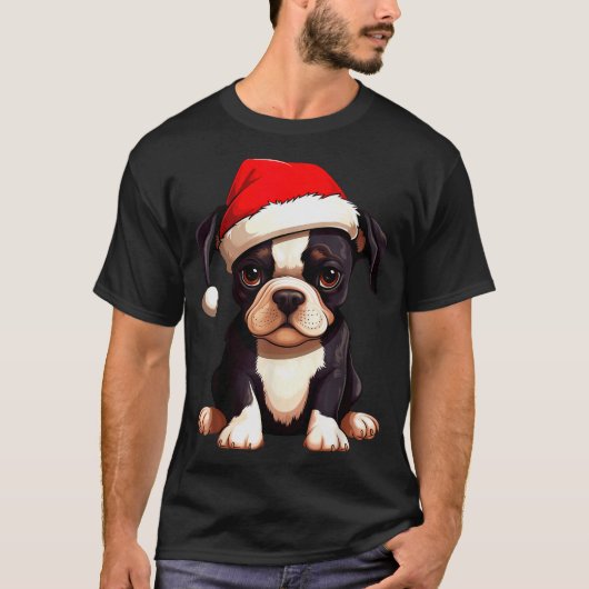 Christmas Boston Terrier Dog Santa Hat Funny Xmas  Tシャツ (正面)