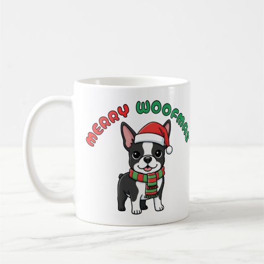 Christmas Boston Terrier Mug: Merry Woofmas コーヒーマグカップ (左)