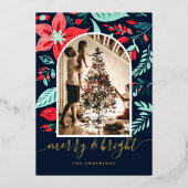 Christmas Botanical Floral Blue Arch Photo Gold 箔シーズンカード (正面)