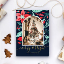 Christmas  Botanical Floral Blue Arch Photo Gold