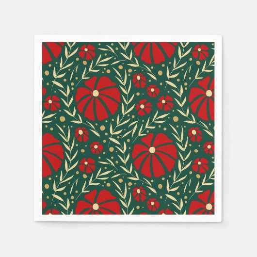 Christmas Botanical Red and Green Florals スタンダードカクテルナプキン (正面)