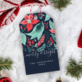 Christmas Botanical Red Floral Blue Holiday ギフトタグ
