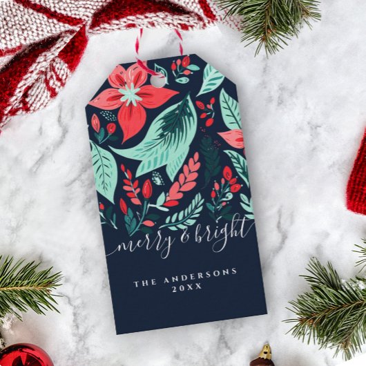 Christmas Botanical Red Floral Blue Holiday ギフトタグ