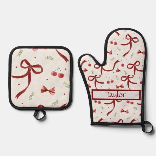  Christmas bows All-Over Print Apron, Medium 鍋つかみ&鍋敷きセット (正面)