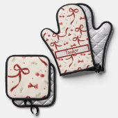  Christmas bows All-Over Print Apron, Medium 鍋つかみ&鍋敷きセット (正面/裏面)