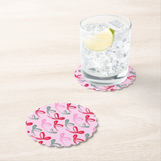 Christmas bows green pink whimiscal hand drawn ペーパーコースター (インサイチュ)