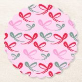 Christmas bows green pink whimiscal hand drawn ペーパーコースター (正面)