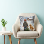 Christmas Boy In Snowflakes With Pine Tree and Dog クッション (椅子)