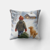Christmas Boy In Snowflakes With Pine Tree and Dog クッション (裏面)