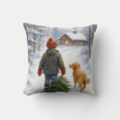 Christmas Boy In Snowflakes With Pine Tree and Dog クッション (正面)