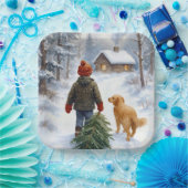 Christmas Boy In Snowflakes With Pine Tree and Dog ペーパープレート (パーティー)
