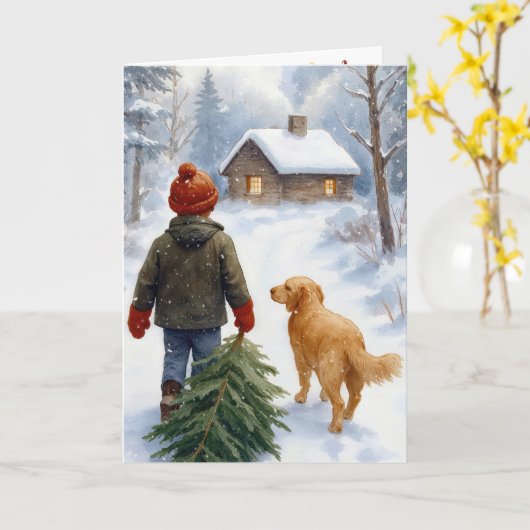 Christmas Boy With Pine Tree and Dog カード (黄色い花)