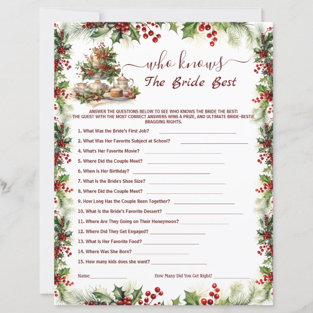 Christmas Bridal Shower who knows the bride Games (正面)