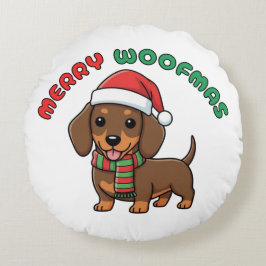 Christmas Brown Dachshund: Merry Woofmas ラウンドクッション