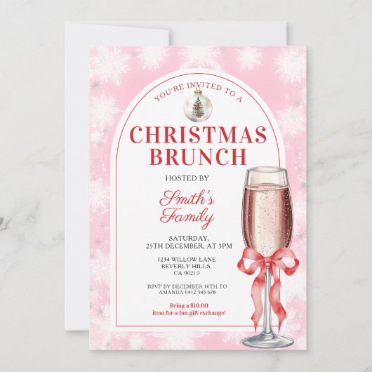 Christmas Brunch Party Red Bow Wine Pink Gingham 招待状 (正面)