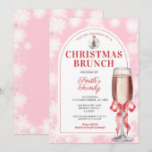 Christmas Brunch Party Red Bow Wine Pink Gingham 招待状 (正面/裏面)