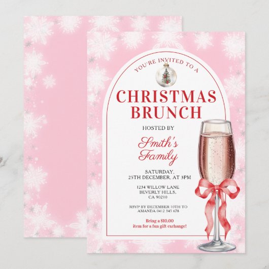 Christmas Brunch Party Red Bow Wine Pink Gingham 招待状 (正面/裏面)