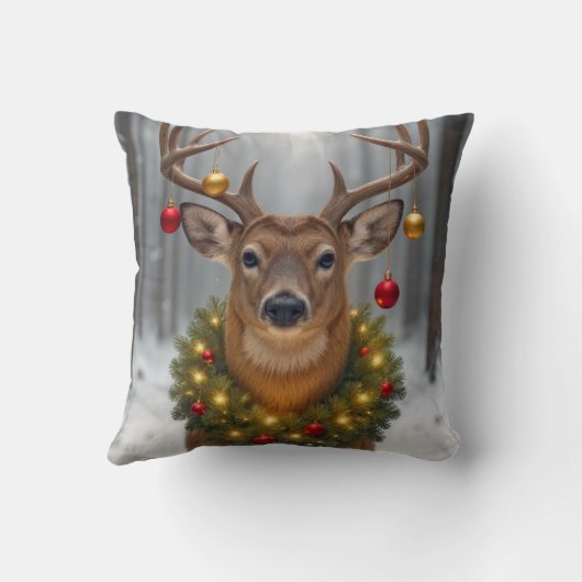 Christmas Buck Wearing a Glowing Wreath クッション (裏面)