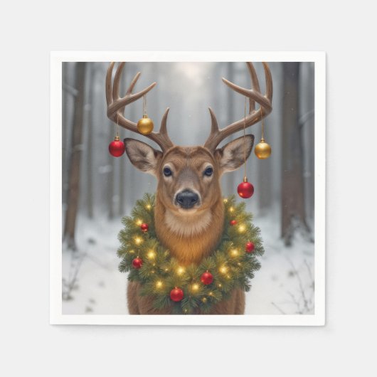 Christmas Buck Wearing a Glowing Wreath スタンダードカクテルナプキン (正面)