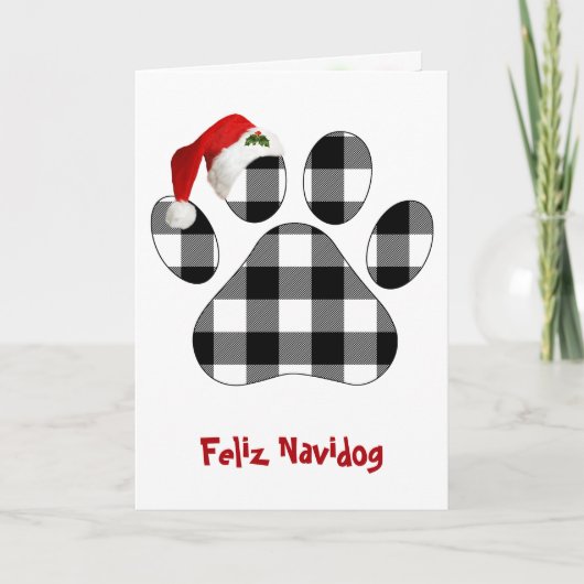 Christmas Buffalo Plaid Dog Paw Print and Hat カード (正面)