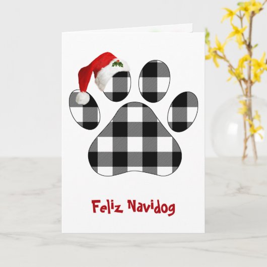 Christmas Buffalo Plaid Dog Paw Print and Hat カード (黄色い花)