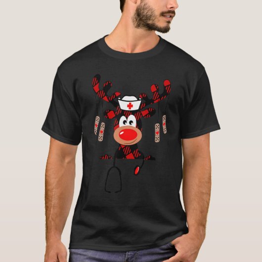 Christmas Buffalo Plaid Reindeer Nurse  Nursing Xm Tシャツ (正面)
