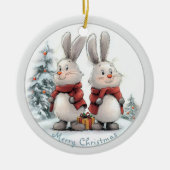 Christmas Bunny and gift, personalized セラミックオーナメント (正面)