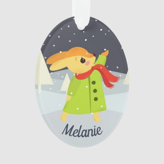 Christmas Bunny Catching Snowflakes オーナメント (正面)