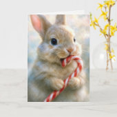 Christmas Bunny Rabbit Nibbling On a Candy Cane カード (黄色い花)
