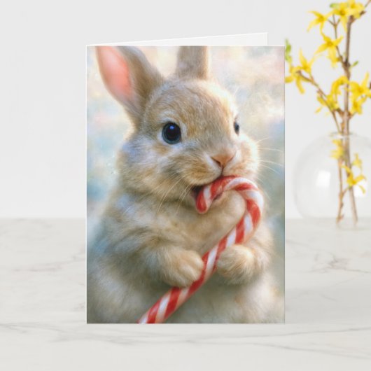 Christmas Bunny Rabbit Nibbling On a Candy Cane カード (黄色い花)