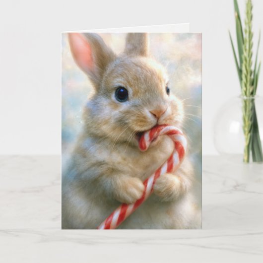Christmas Bunny Rabbit Nibbling On a Candy Cane カード (正面)