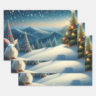 Christmas Bunny with Decorated Christmas Tree ラッピングペーパーシート