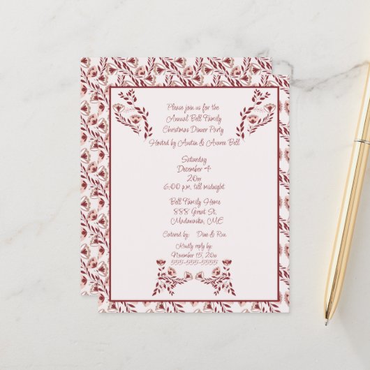 Christmas  Burgundy Floral Scandinavian Folk Art  (正面/裏面インサイチュ)