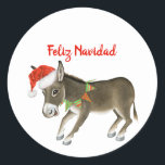Christmas Burro Feliz Navidadカスタマイズ ラウンドシール<br><div class="desc">ロバの水色イラストレーション/バロはサンタのキャップと襟の休日のためにデッキスクリプトのカスタマイズ可能な"Feliz Navidad"赤い文字でモダン飾った</div>
