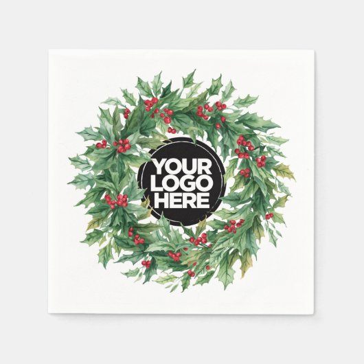 Christmas Business Logo Holly Berry Wreath スタンダードカクテルナプキン (正面)