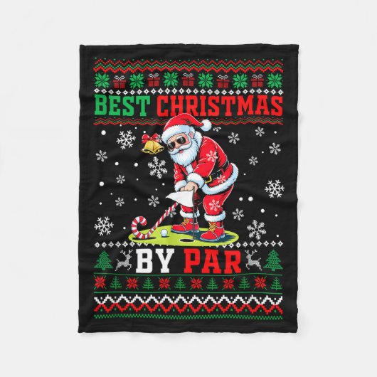 Christmas By Par Santa Sweater Playing Golf Golfer フリースブランケット (正面)