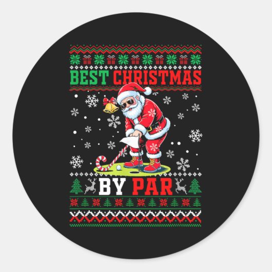 Christmas By Par Santa Sweater Playing Golf Golfer ラウンドシール (正面)