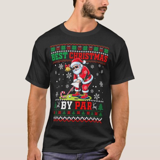 Christmas By Par Santa Sweater Playing Golf Golfer Tシャツ (正面)