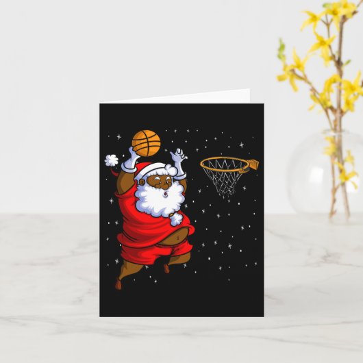 Christmas Bysketbyll Black African American Santa カード (黄色い花)