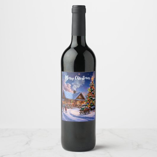  Christmas Cabin in the Forest Wine Label – Cozy  ワインラベル (正面)