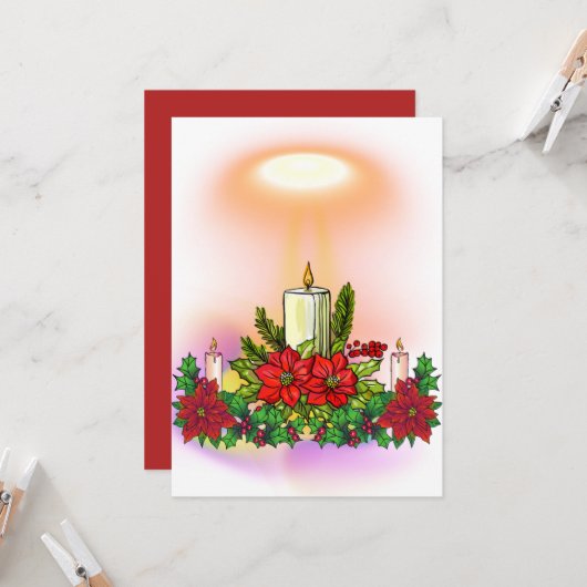 Christmas Candle Card with Poinsettia 招待状 (正面/裏面インサイチュ)