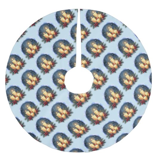 Christmas Candle Glow with Poinsettias ブラッシュドポリエステルツリースカート (正面)