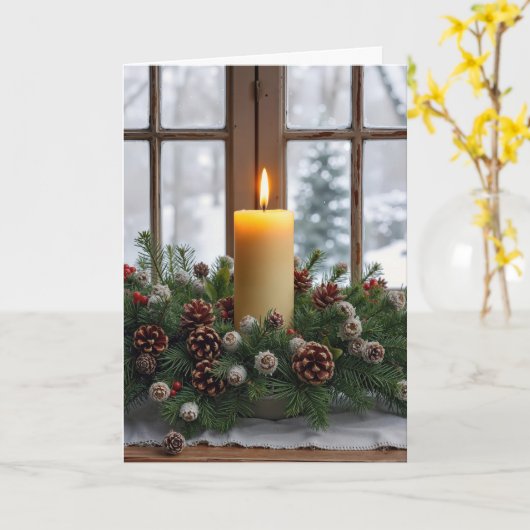 Christmas Candle In a Pine Centerpiece カード (黄色い花)
