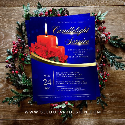 Christmas Candlelight Poinsettia Blue Church チラシ