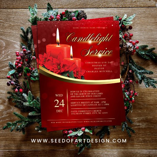 Christmas Candlelight Poinsettia Red Church チラシ