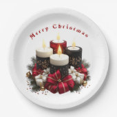 Christmas Candles Red White Ribbons Gold Ornaments ペーパープレート (正面)
