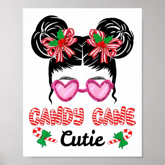 Christmas Candy Cane Cutie Messy Bun Girls Kids Xm ポスター (正面)