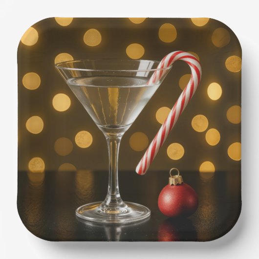 Christmas Candy Cane On a Martini Glass ペーパープレート (正面)