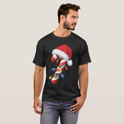 Christmas Candy Cane Santa Hat Xmas Lights Tシャツ (正面フル)