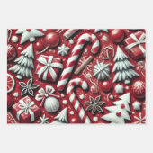 Christmas Candy Cane Tree Presents Red Decoupage ラッピングペーパーシート (正面3)